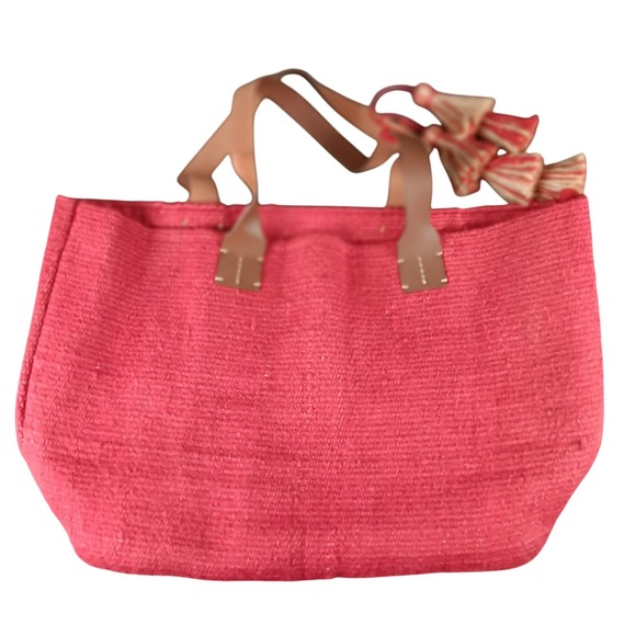 J Jill Red Jute Cotton Tote Bag with Leather Handles and Tassels - Picture 1 of 11